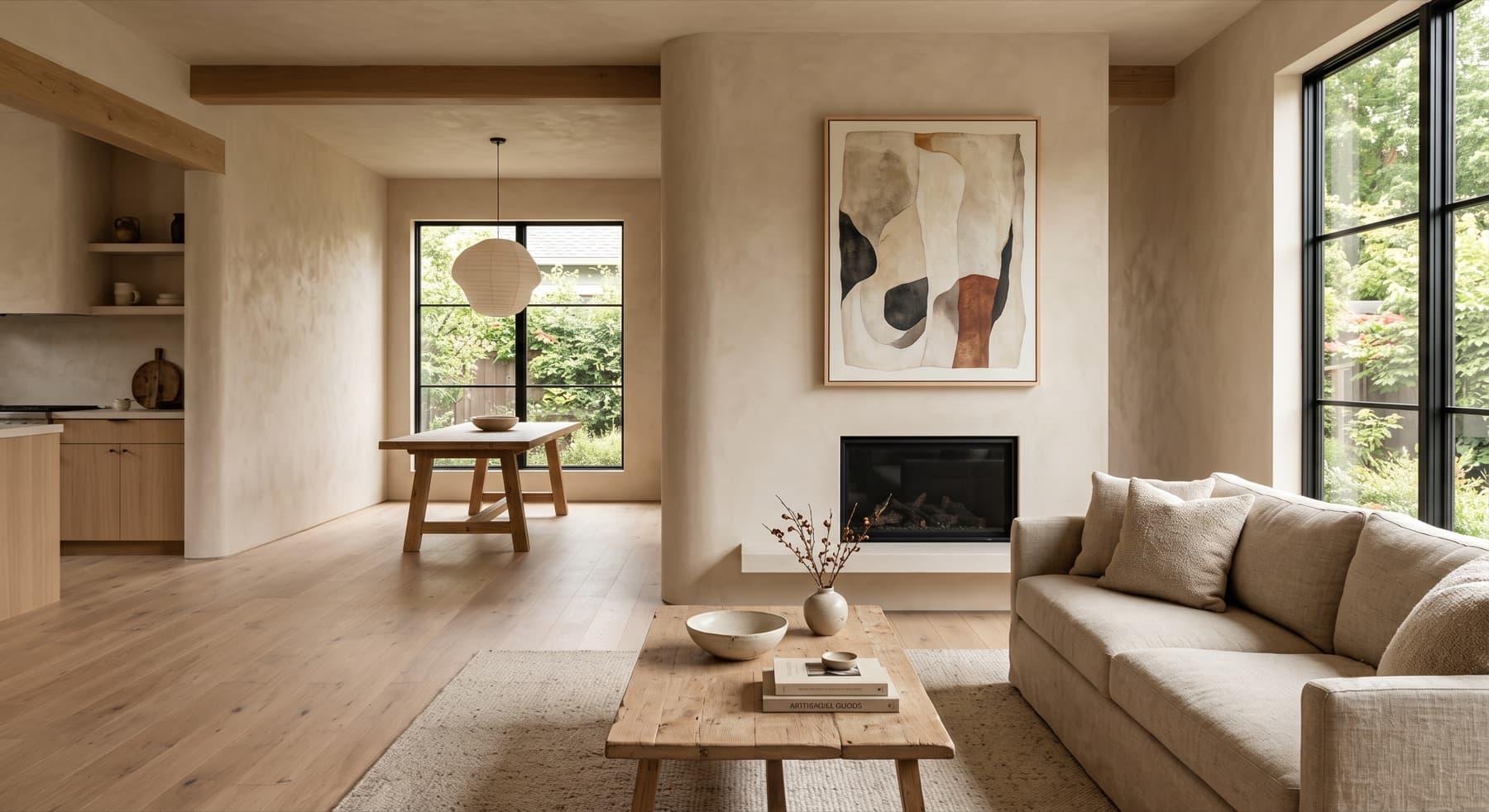 Cream lime plaster living room with a fireplace and open dining beyond