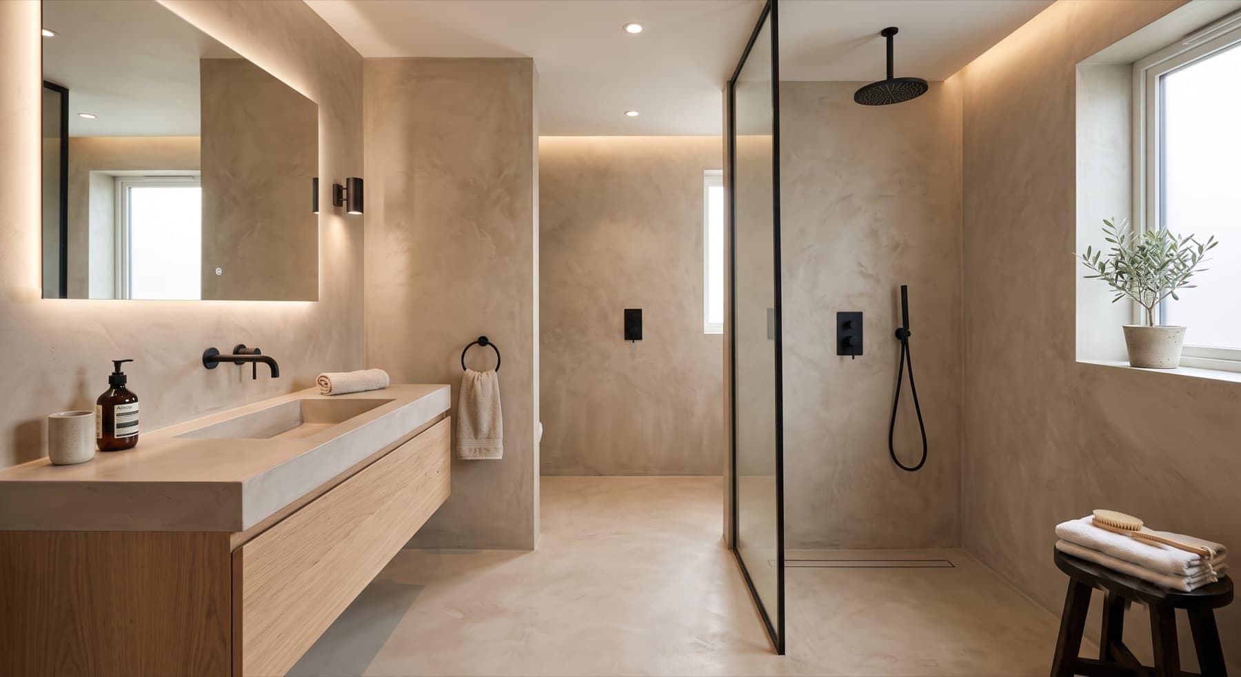 Seamless microcement bathroom in warm sand with a walk-in shower