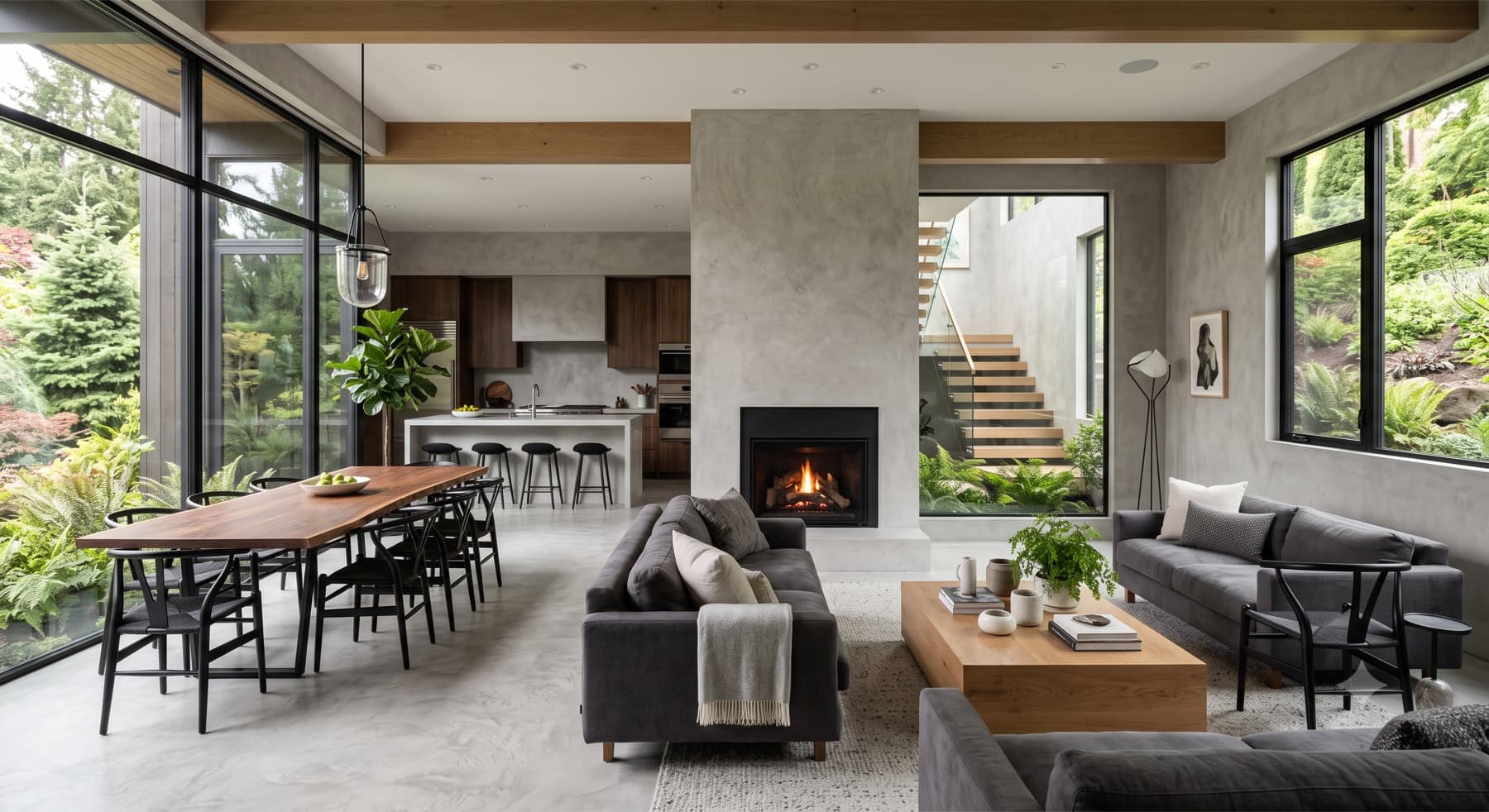 Gray microcement open-plan living space with a full-height fireplace surround